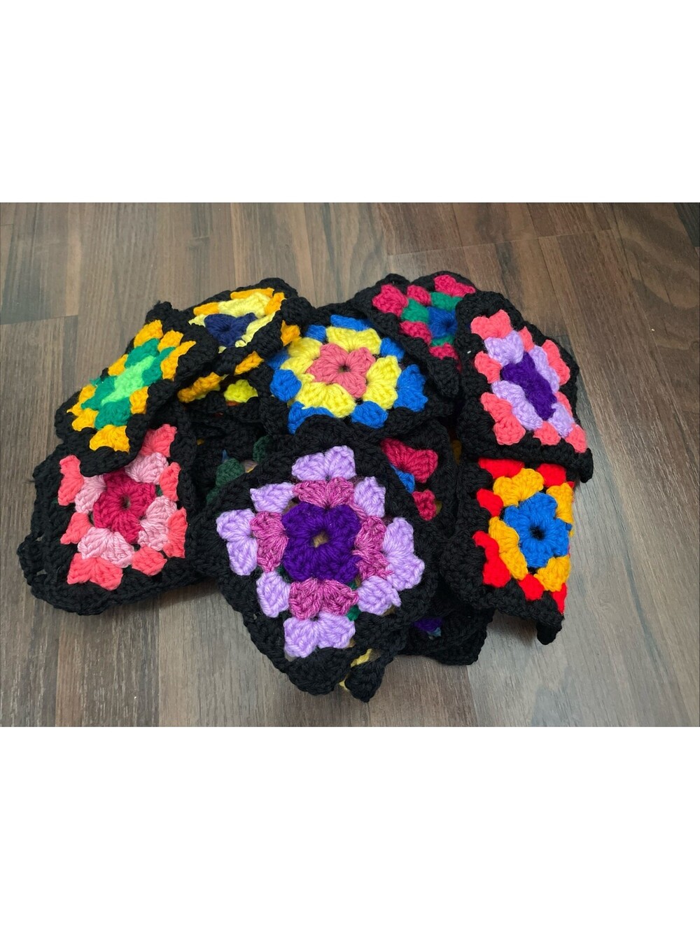 Lot of 25 Handmade Crochet Granny Squares Black Border Vivid Multicolor Craft